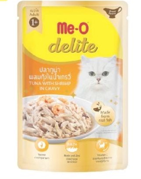 ) M e O DELITE POUCH C AT T U N A W I T H SHRIMP IN GRAVY 7 0 G R